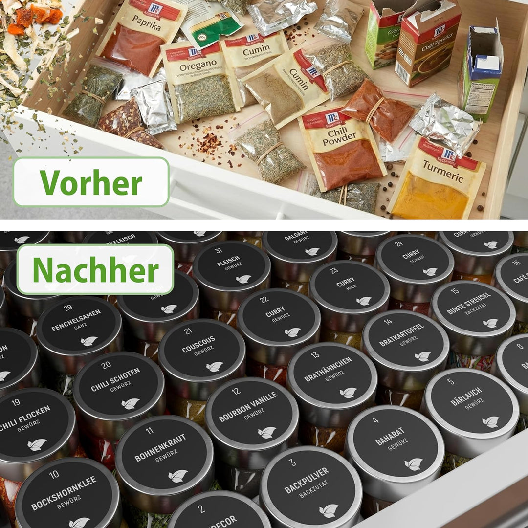 LAEVU Gewürzgläser eckig - 24er Gewürzgläser Set aus Glas [120 ml] - Gewürzgläser mit Streueinsatz i