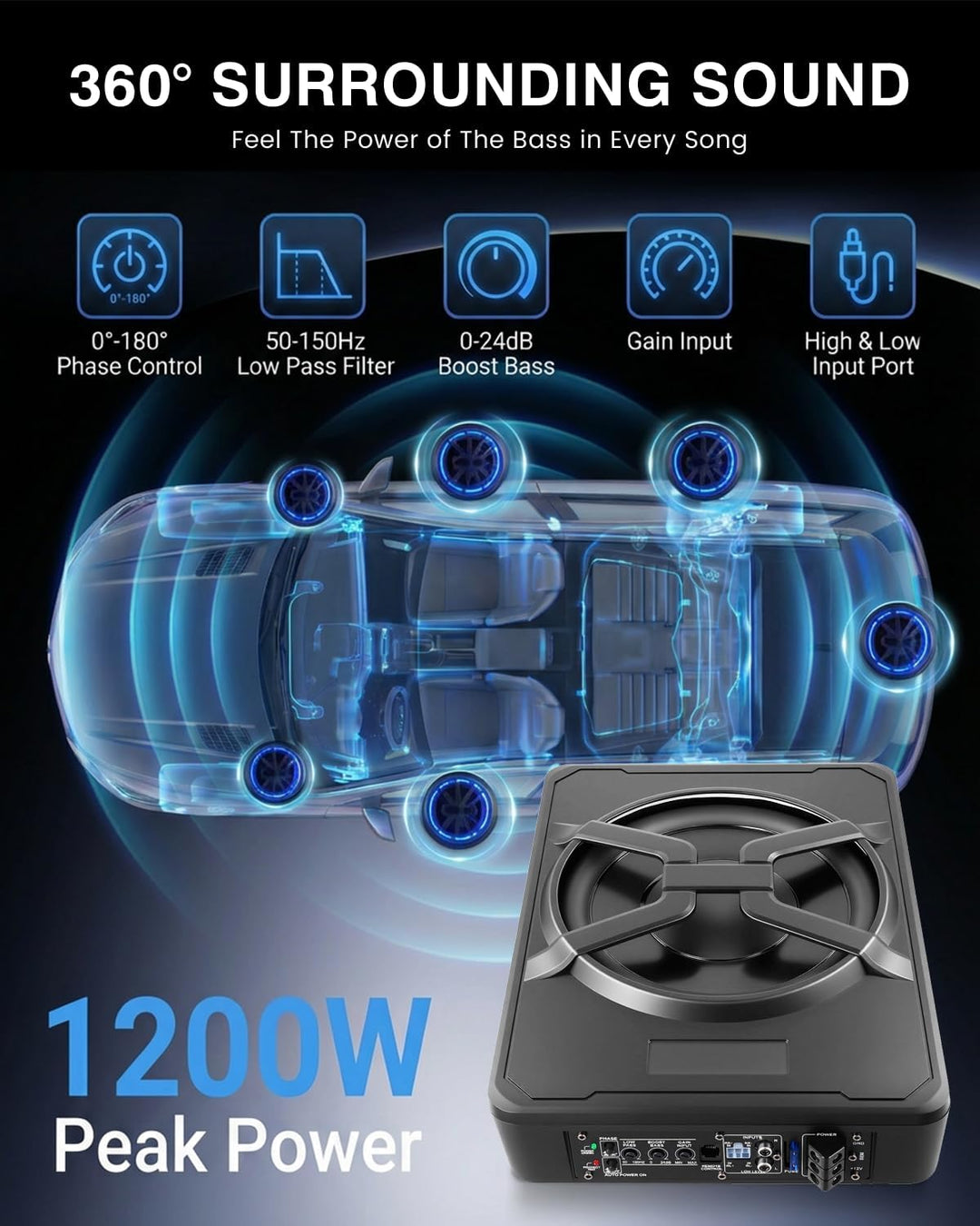 Aktiver Subwoofer für Auto, Passt unter Sitze, Maximale Leistung 1200 W, 10 Zoll, mit Umgebungsbeleu