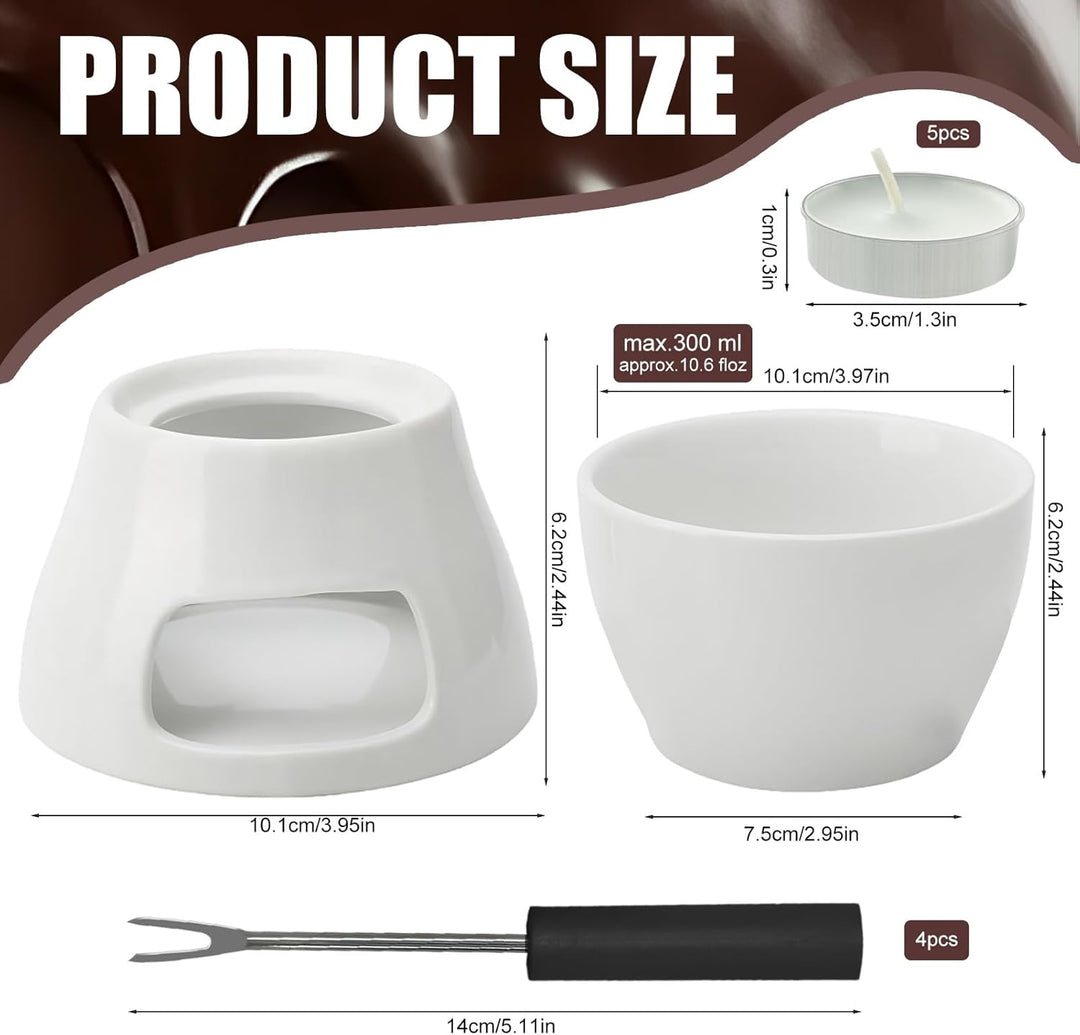 Schokofondue Tasse, 300ml Schokoladen Fondue Becher Set, Keramik Schokoladenfondue Tassen mit 4 Gabe