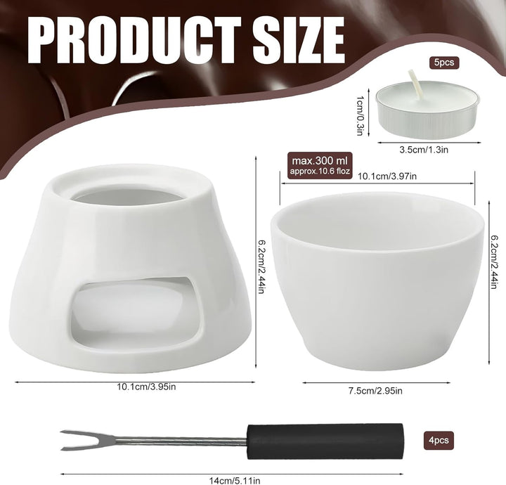 Schokofondue Tasse, 300ml Schokoladen Fondue Becher Set, Keramik Schokoladenfondue Tassen mit 4 Gabe