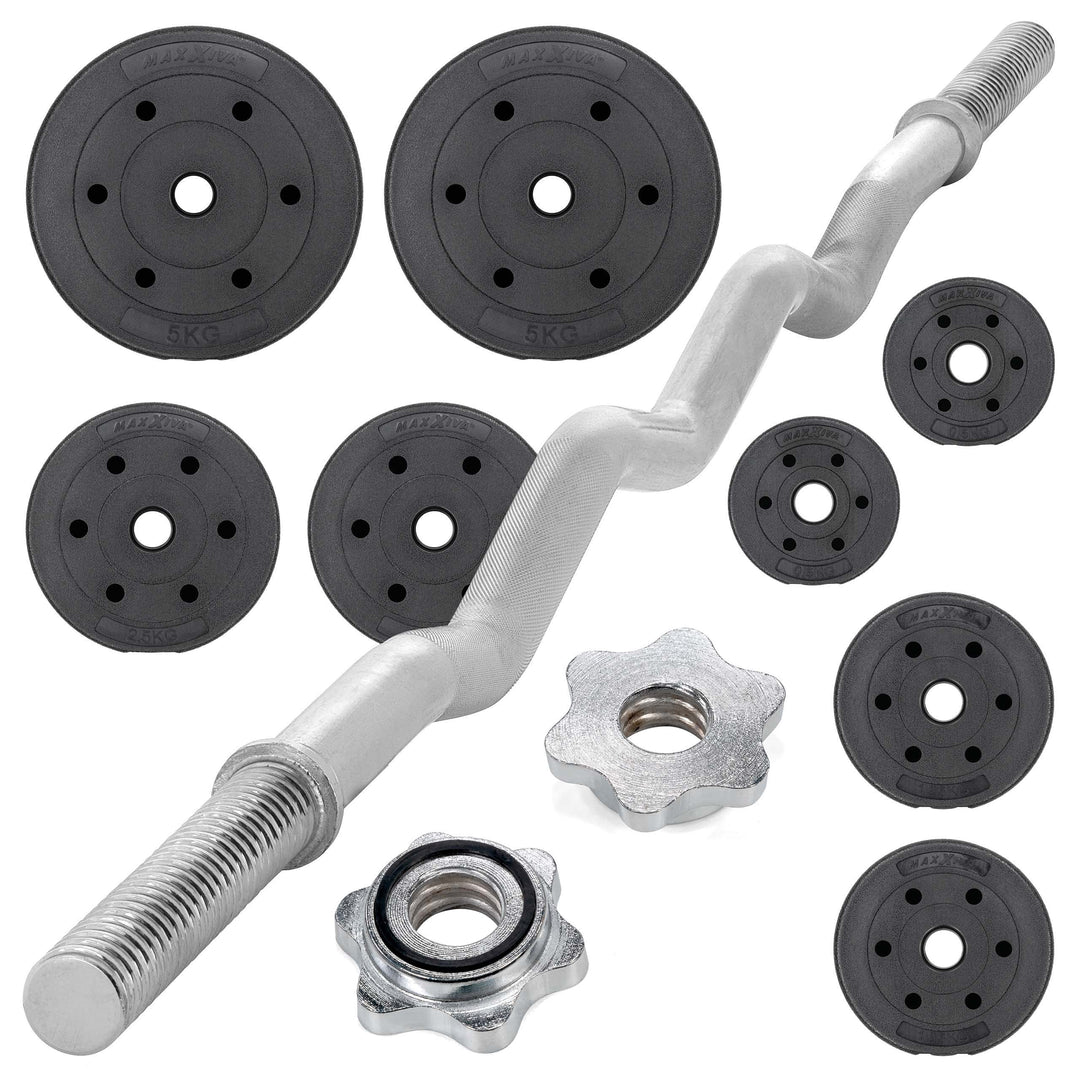 MAXXIVA Curl-Set 120 cm 23.5 kg 8 Gewichte Krafttraining Zugstange silber verchromt Bodybuilding Fit