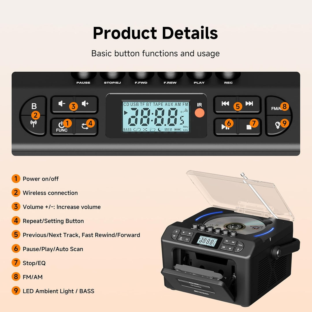 Retekess TR642 CD Player mit Kassette, Boombox Kassettenspieler, AM FM Radio, Drahtlose Verbindung,
