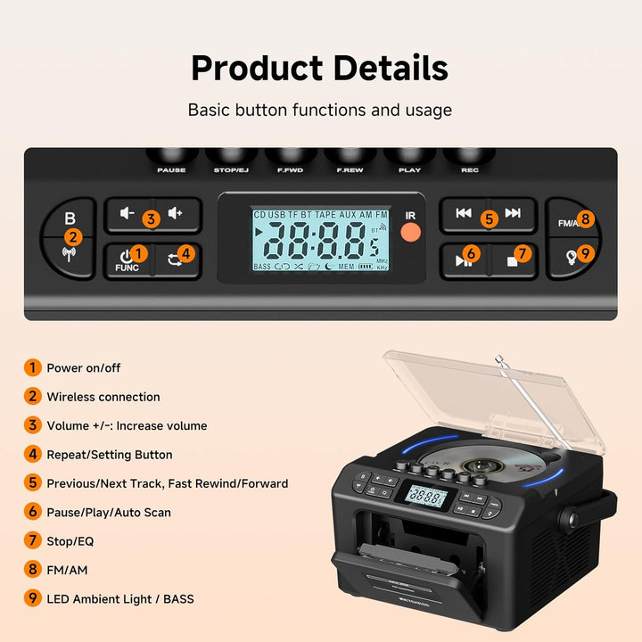 Retekess TR642 CD Player mit Kassette, Boombox Kassettenspieler, AM FM Radio, Drahtlose Verbindung,