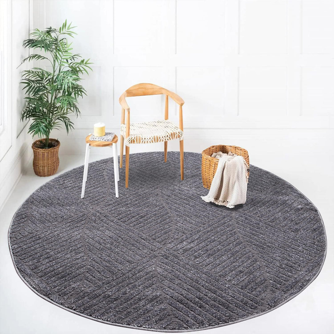payé Teppich Rund Kurzflor - 200x200cm - Grau - Einfarbig Uni Geometrisch Wellen Muster Modern Wohnz