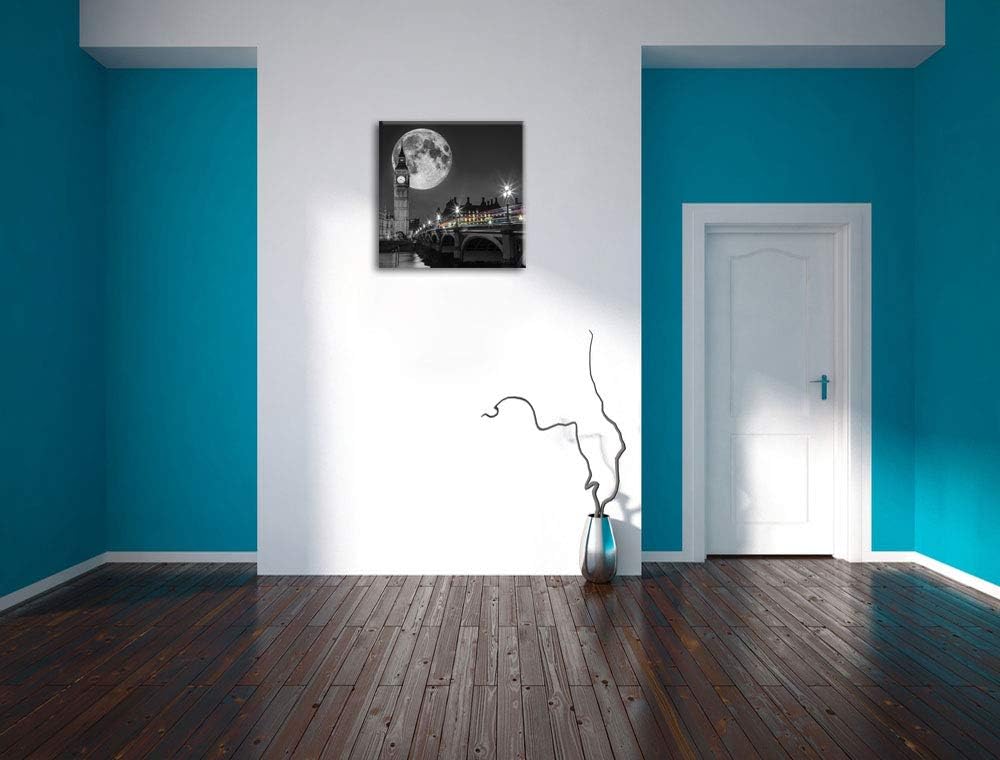 Pixxprint Big Ben vor dem Mond in London schwarz/weiss, Format: 70x70 auf Leinwand, 70x70