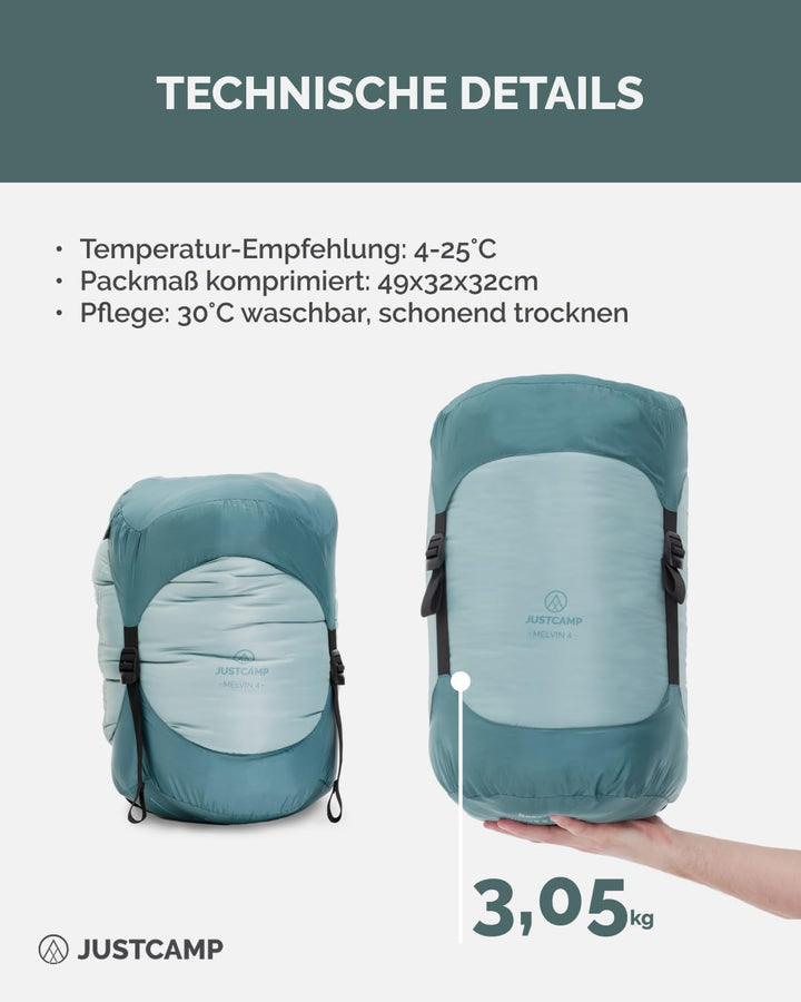 Justcamp Melvin XXL 4 Schlafsack für Erwachsene, Camping Schlafsack 3-Jahreszeiten, Mint