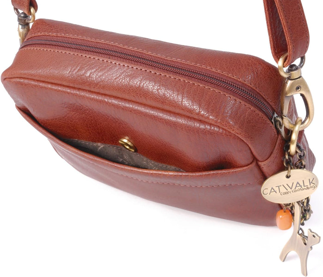 Catwalk Collection Handbags - Leder - Klein Umhängetasche Messenger/Schultertasche - POLLY Hellbrun,