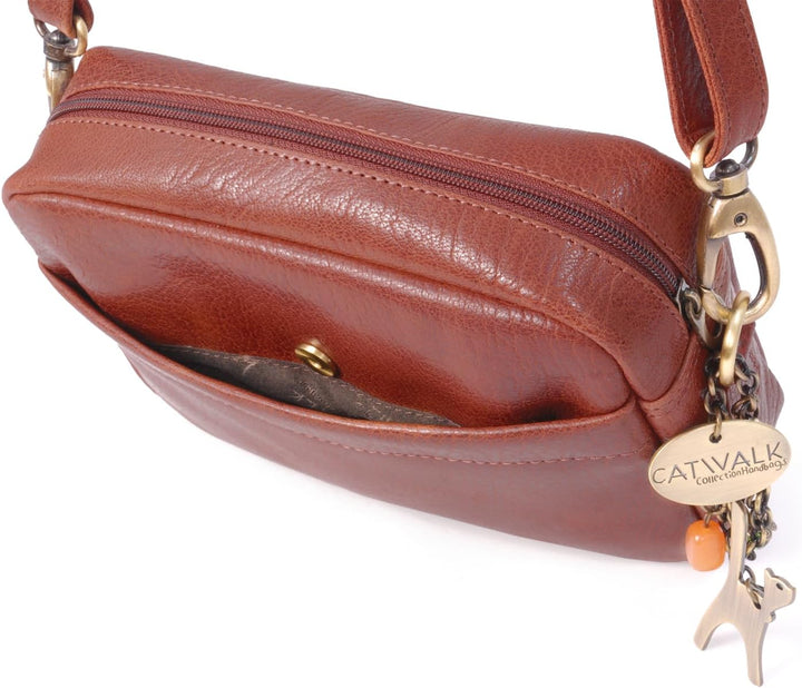 Catwalk Collection Handbags - Leder - Klein Umhängetasche Messenger/Schultertasche - POLLY Hellbrun,