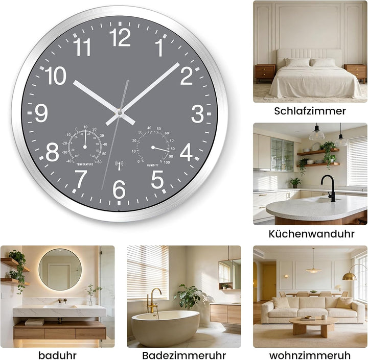 Wanduhr Funk Uhr mit Temperaturanzeige und Feuchtigkeitsmesser Funkuhr Wanduhr Lautlos Wand Ohne Tic