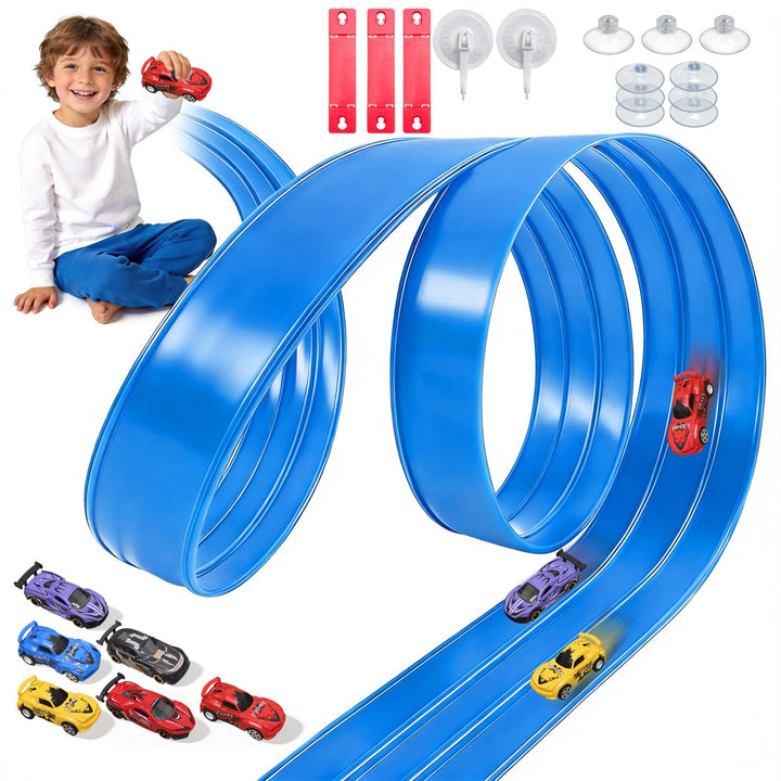 3-Spur Flexible Rennbahn Kinder, 5M Autorennbahn mit 6 Autos 3 Saugnäpfen, Flexible Autorennbahn Kin