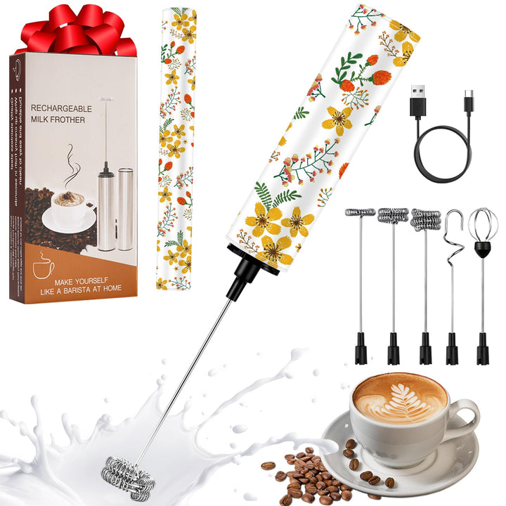 Milchschäumer Elektrisch USB-C mit 5 Wechselbaren Edelstahl-Schneebesen–2 Einstellbare Geschwindigke