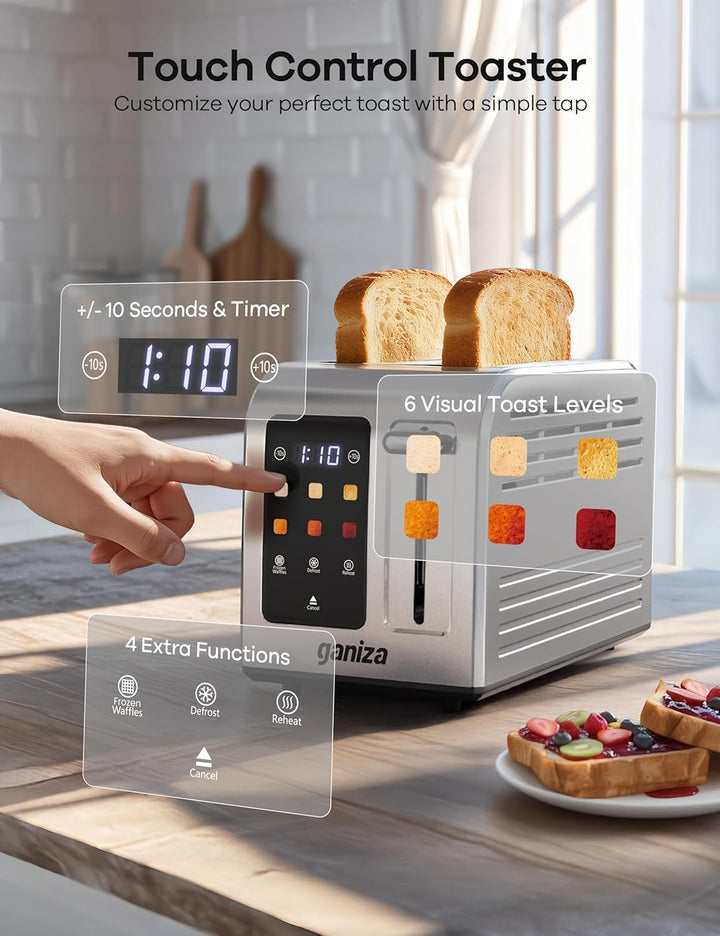 Ganiza Smart Toaster 2 Scheiben, Toaster Edelstahl mit Touchscreen, digitaler Timer, 6 Bräunungsstuf