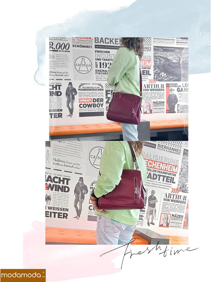 modamoda de T119 / T220 Damen Leder Schultertasche Umhängetasche 2 Grössen handmade in Italy Grau/Du
