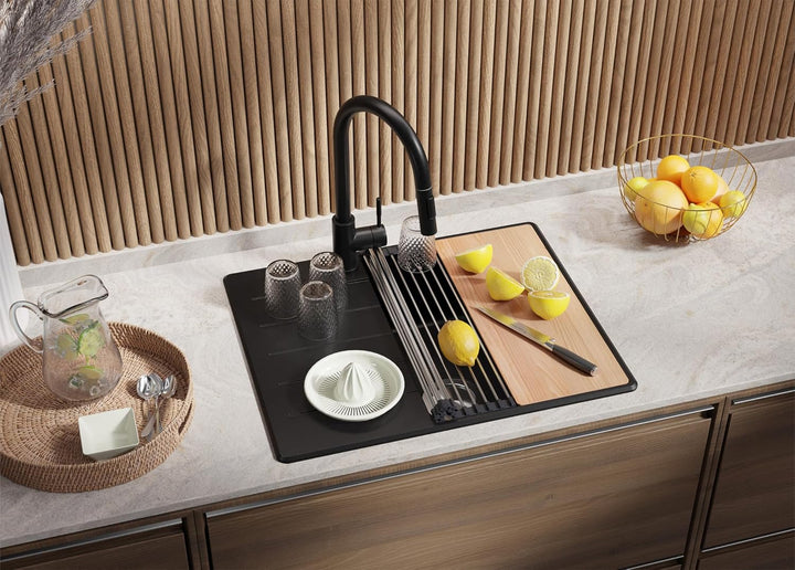 Granitspüle Schwarz 62x50 cm, Spülbecken + Ablauf-Set + Küchenarmatur 9050, Küchenspüle für 45er Unt