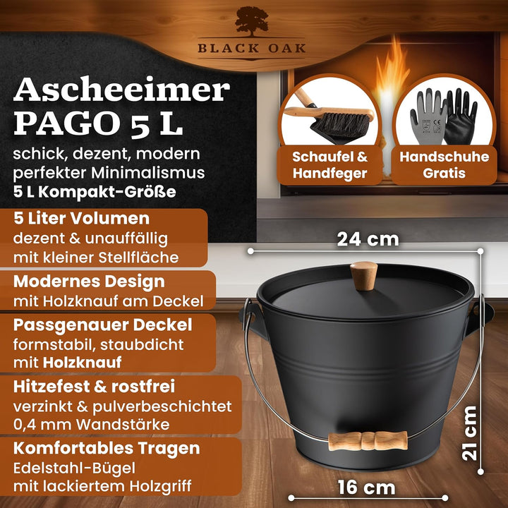 BLACK OAK Ascheeimer PAGO 5L - schwarz mit Deckel mit Holz-Griff + Feger + Schaufel & Handschuhen -