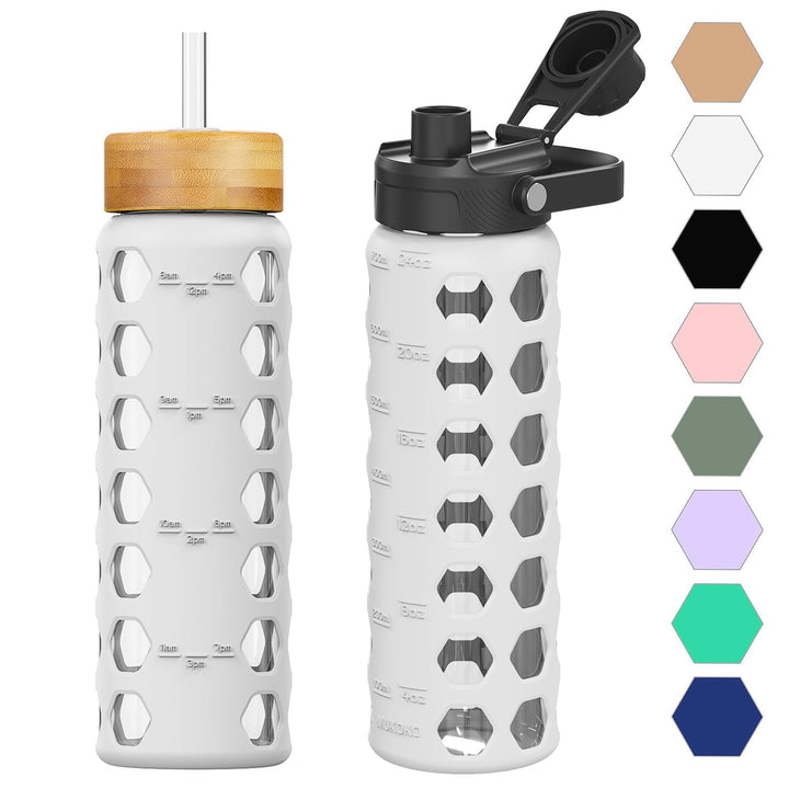700ML Glaswasserflasche mit 2 Deckel Flip und Bambusstroh Deckel Sport Wasserbecher mit Zeiterinneru
