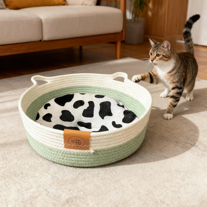 Katzenbett Waschbar aus Baumwollseilen, 40cm Katzenkörbchen mit Baumwollekissen, Katzenkorb Geflocht