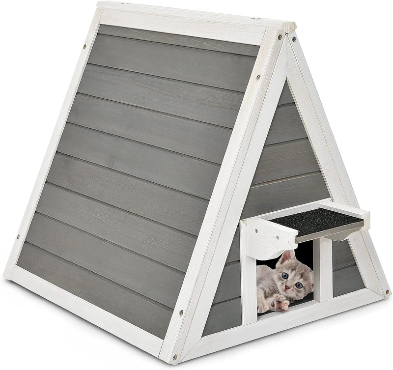 GYMAX 50 x 55 x 52 cm Katzenhaus mit Asphaltdach & Tür, Wetterfeste Katzenhöhle aus Holz, Katzenhütt