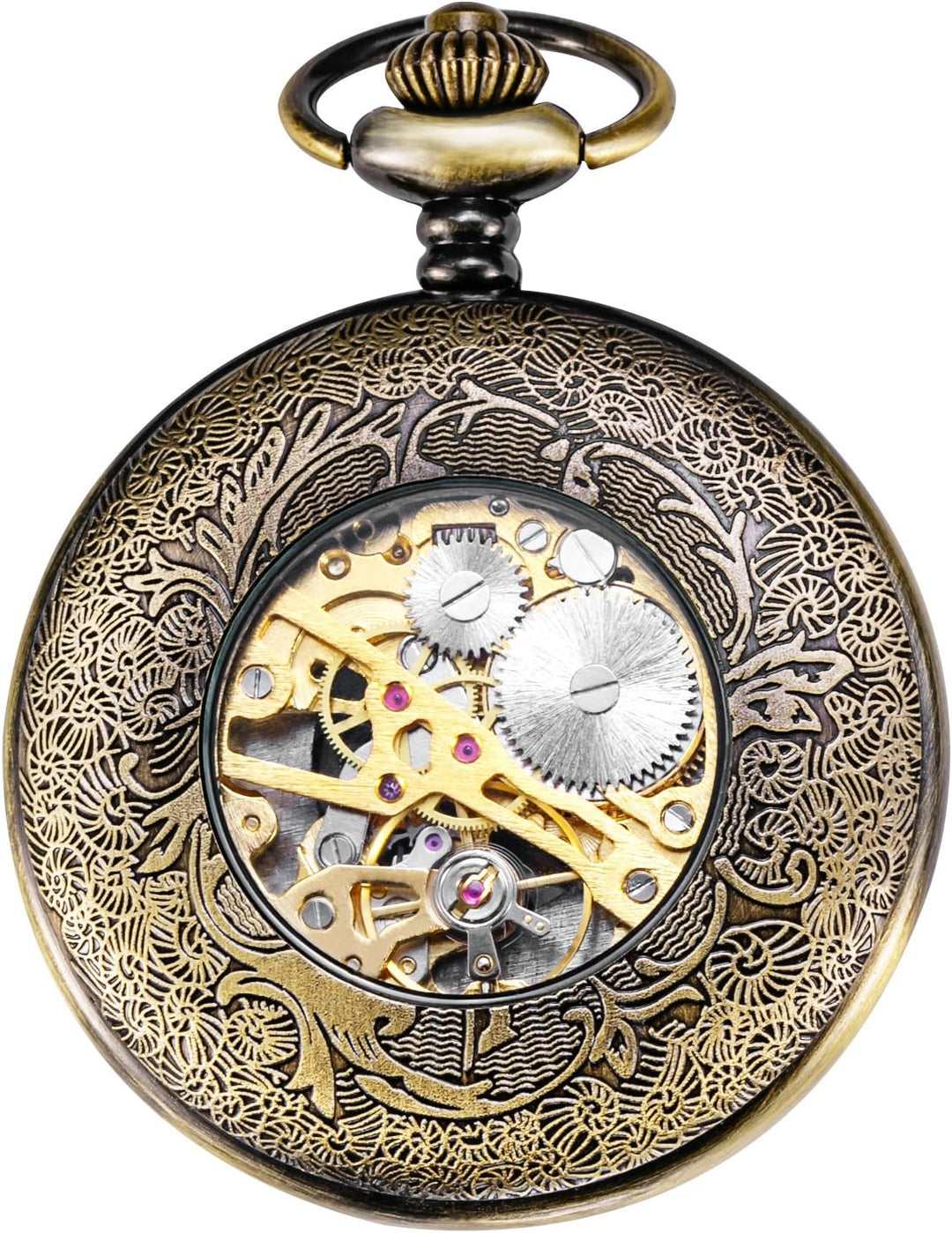 TREEWETO Herren Antik Bronze/Schwarz Steampunk Kupfergehäuse Skelett Mechanische Taschenuhr für Männ