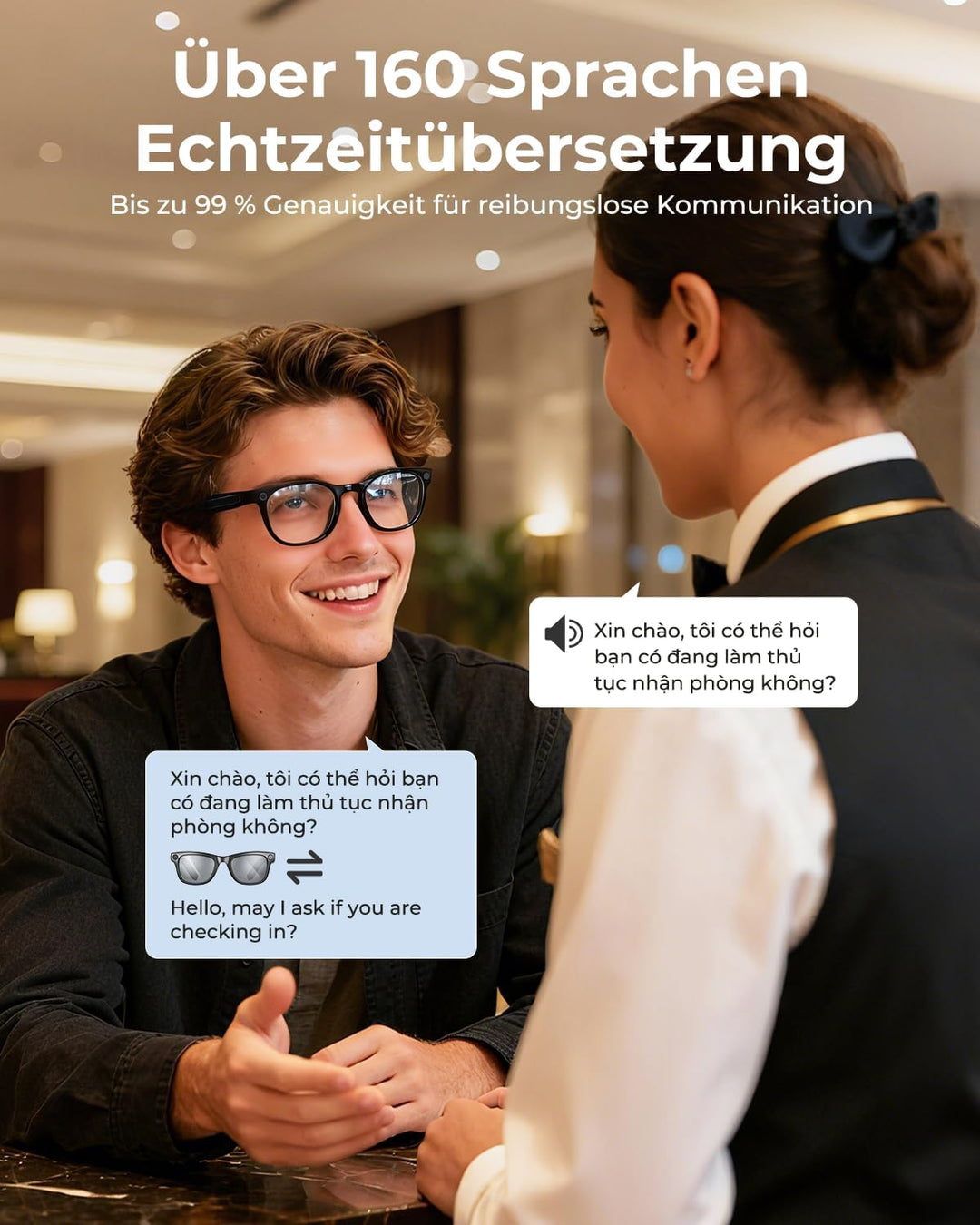 KI Smart-Brille mit Kamera, 800W Kamera & 2K Videoaufnahme, betrieben mit ChatGPT, Echtzeit-Übersetz