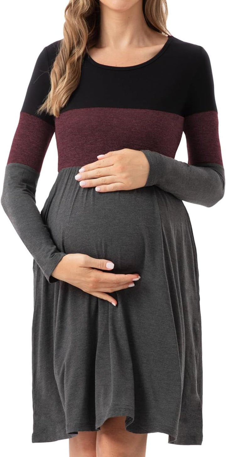 Bearsland Women’s Long Sleeve Maternity Dresses Patchwork Pregnancy Dress with Pocket XXL Barn Red,