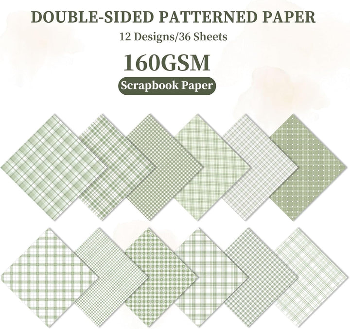 36 Blatt Scrapbook Papier, Bastelpapier Muster, Craft Papiers (Grün) | 30 x 30 cm, 12 Designs Muster