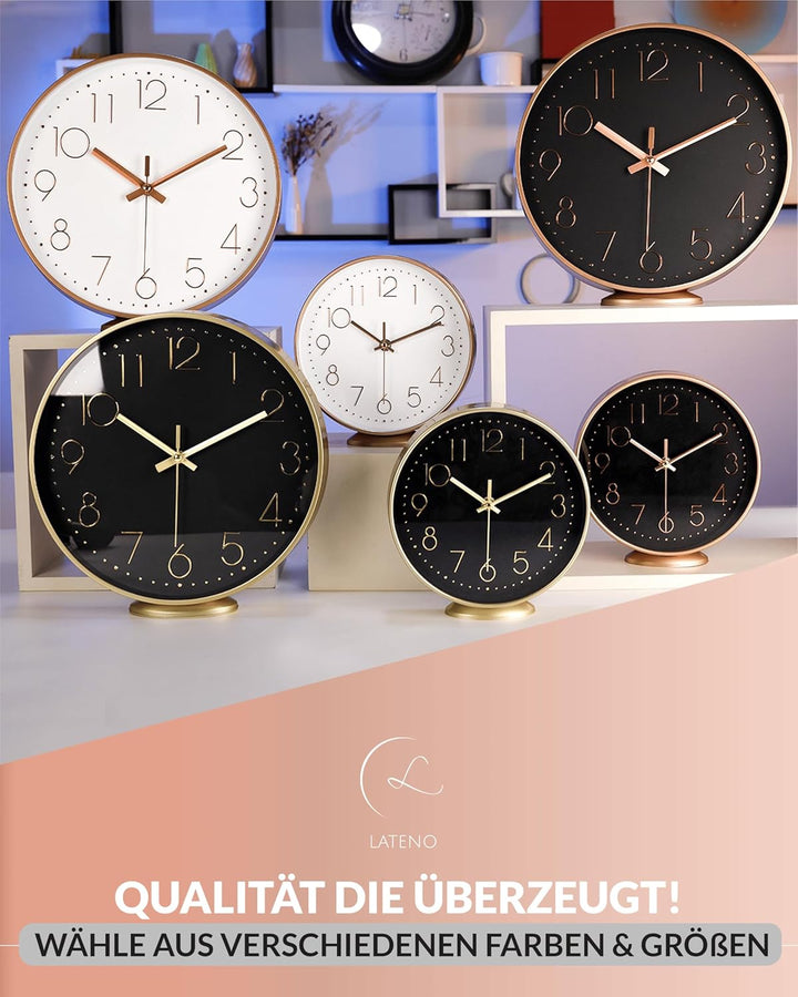 LATENO - Wanduhr zum aufstellen oder aufhängen - Rosegold weiss 30 cm - lautlos - klassisch und mode