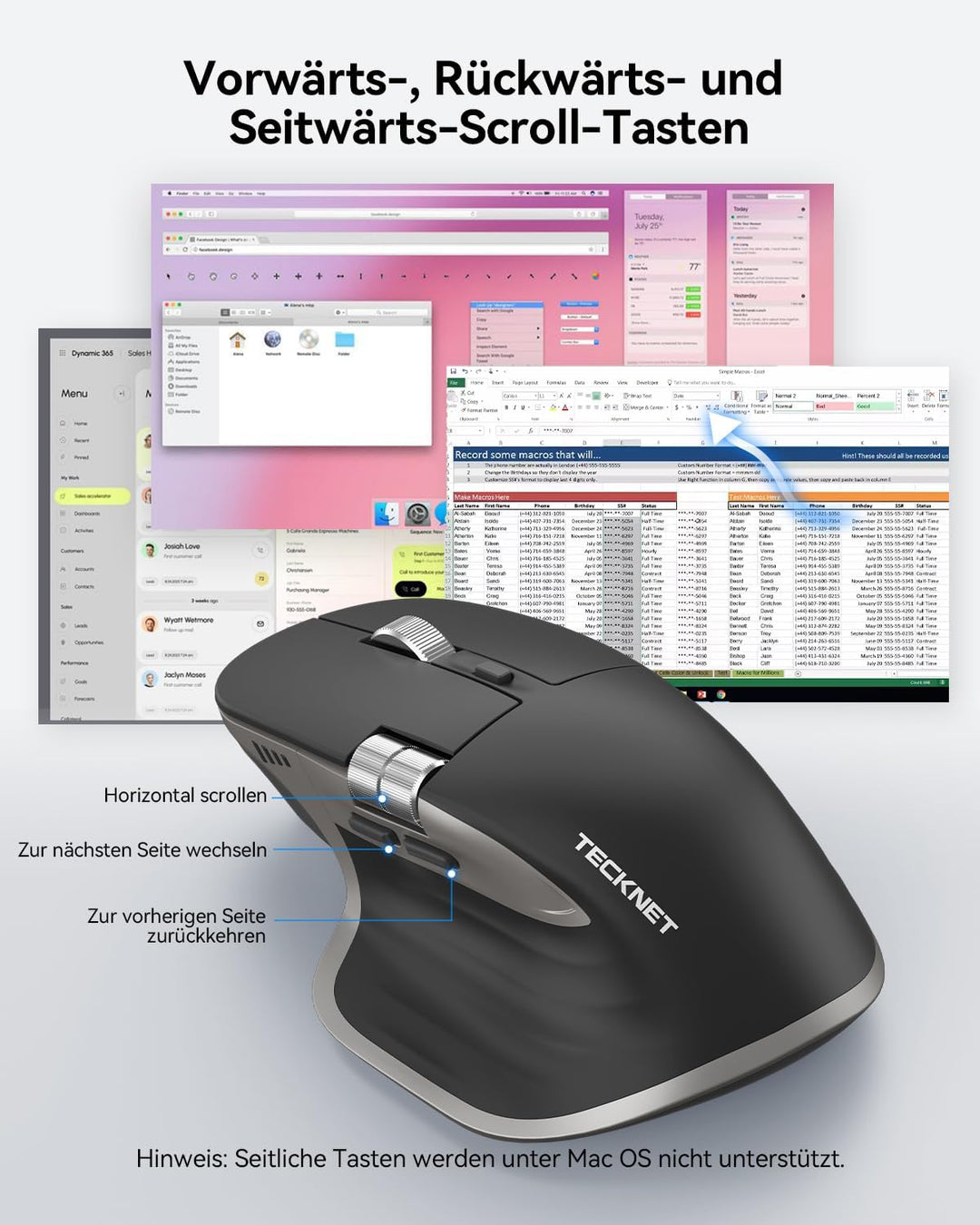 TECKNET Bluetooth kabellose Maus(BT 5.3/5.0+2,4G), Seitliches Mausrad, Superschnelles Scrollen, Wied