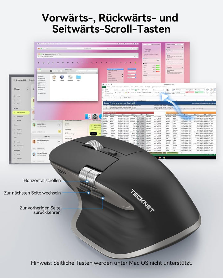 TECKNET Bluetooth kabellose Maus(BT 5.3/5.0+2,4G), Seitliches Mausrad, Superschnelles Scrollen, Wied