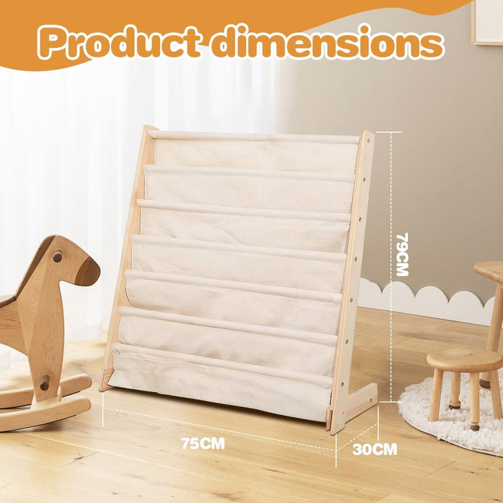 Kinder Bücherregal, 75x 30 x 79 cm Montessori Bücherregal mit 6 Ebenen und Stofffächern, Offenes Kin