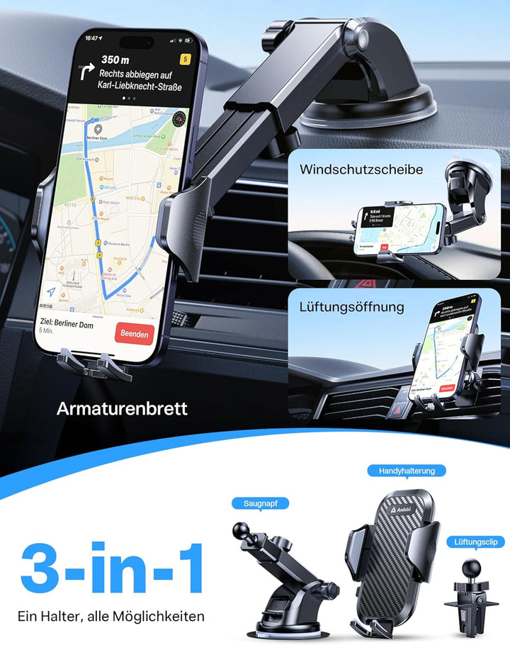 andobil Handyhalterung Auto [ Stabilere Version & nie wackeln ] 3 in 1 Auto Handyhalter Saugnapf & L