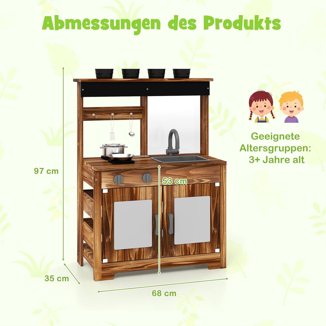 COSTWAY Matschküche Kinder Outdoor, Kinderküche Tannenholz mit 4 Kochtöpfen & Wasserhahn & Abnehmbar
