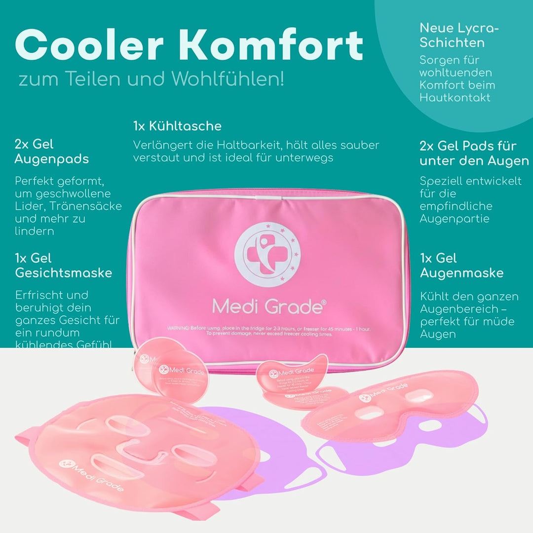 Medi Grade Kühlmaske Gesicht und Kühlende Augenpads, Rosa – Augenmaske Kühlend mit Geltechnologie, G