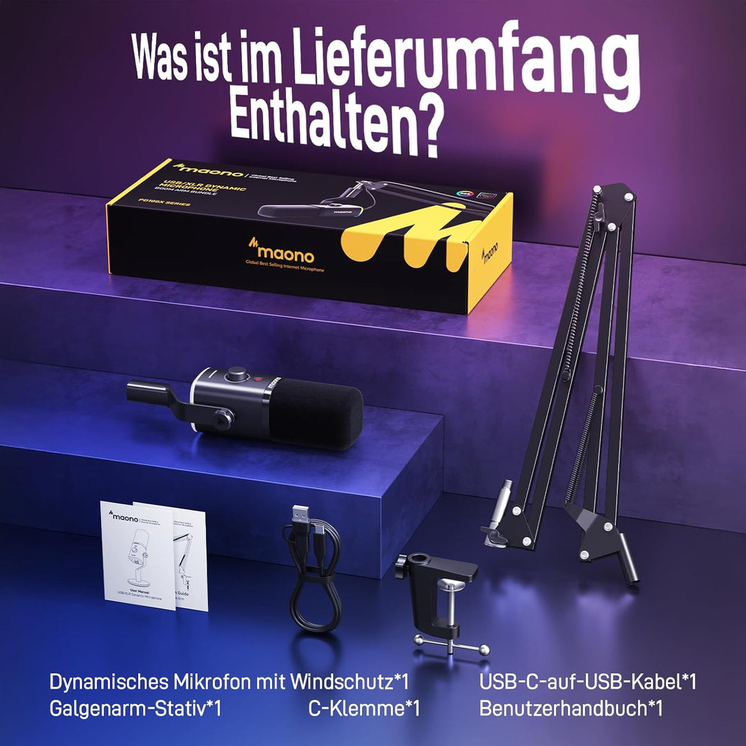 MAONO XLR-USB Streaming Mikrofon mit Arm: Dynamisches Mikrofon mit Software, Stummschalttaste, Gain-
