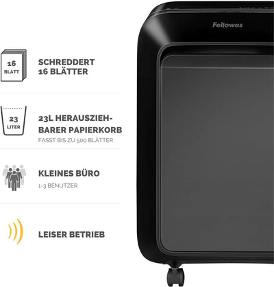 Fellowes 16 Blatt Aktenvernichter Partikelschnitt (P4), Papierschredder für Büro, Homeoffice, Powers