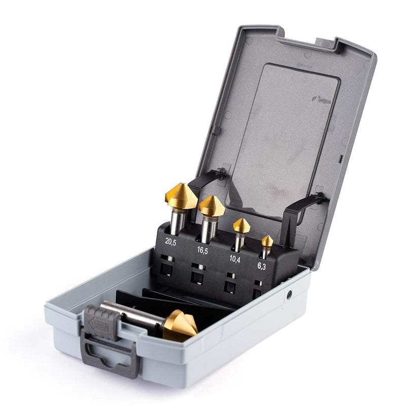 WSH-TOOLS Kegelsenker Set 5-teilig Titan-beschichtet 6,3 mm - 25mm HSS-G 90° Winkel in Rosebox 5-tei