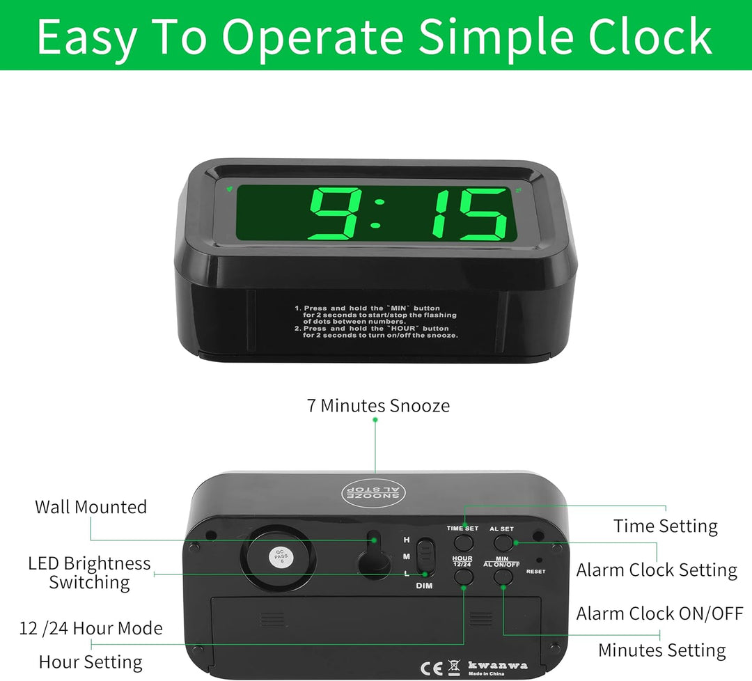 KWANWA Digitaler Wecker, LED Uhr Batteriebetrieben Tischuhr mit 3 Einstellbarer Helligkeit/Snooze/Oh