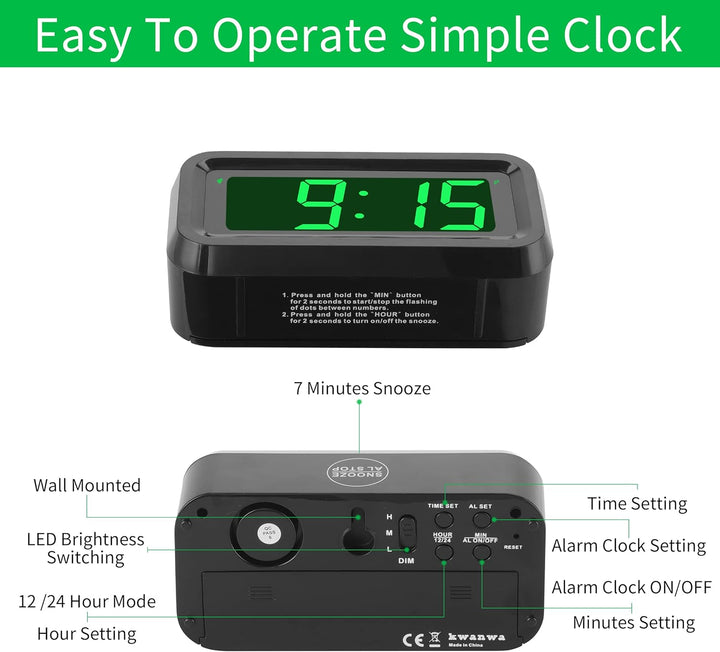 KWANWA Digitaler Wecker, LED Uhr Batteriebetrieben Tischuhr mit 3 Einstellbarer Helligkeit/Snooze/Oh