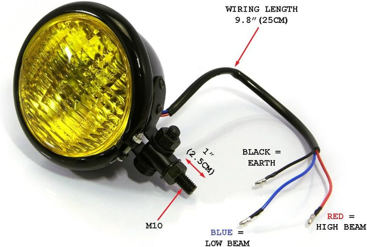 120 mm Universal-Motorradscheinwerfer in SCHWARZ mit gelber Linse für Chopper, Bobber, Cafe Racer, S