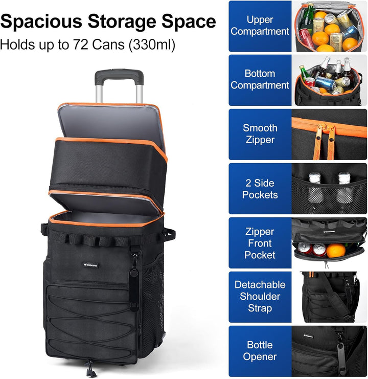 Odoland Kühltasche gross 48/72 can Rollkühler Picknicktasche mit Rädern und Griff Auslaufsicher & Wa