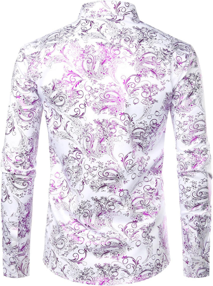 PARKLEES Herren Luxus Paisley Gemustert Golden Glänzend Slim Fit Freizeithemd XXL Weiss Lila, XXL We