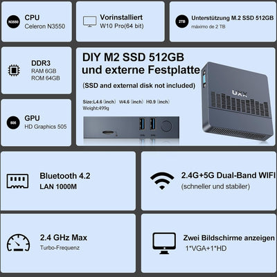 Mini PC Unterstützung 512GB M.2 SSD Erweiterung, N3350 Micro Desktop Computer 64GB eMMC, Gaming PC 4