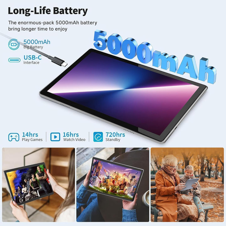 Tablet 10 Zoll Android Tablets 6 GB RAM + 64 GB ROM Quad-Core 5000 mAh 1280 x 800 HD-Touchscreen 5MP