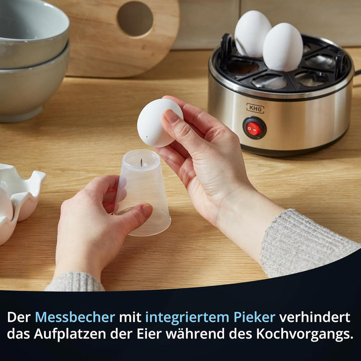 KHG Eierkocher Edelstahl Modern | 1 Ei - 7 Eier | Messbecher mit Eipick | 380 Watt Edelstahlheizplat