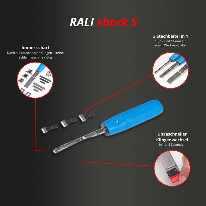 RALI Shark S Professionelles Holzbeitel-Set für Holzbearbeitung mit 3 austauschbaren Klingen 10, 12