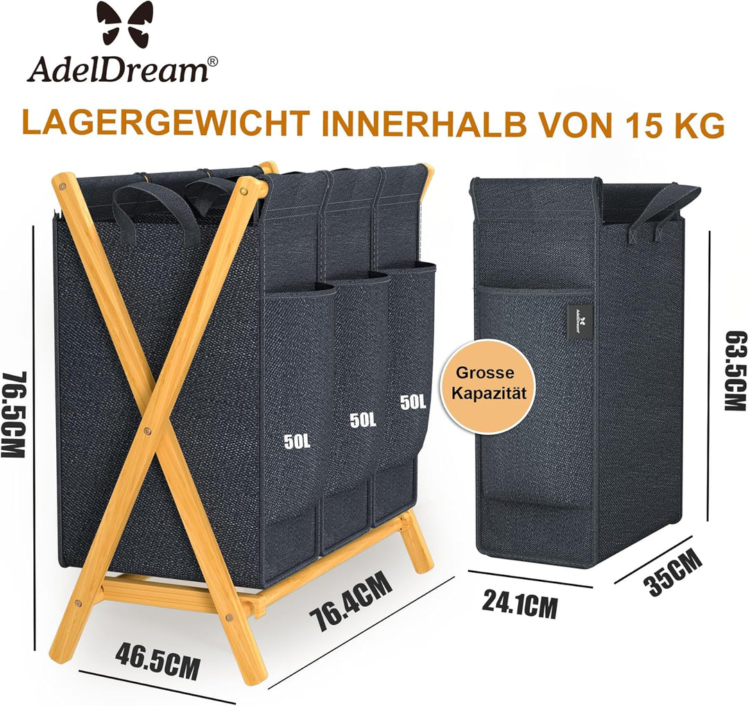AdelDream Wäschekorb 3 Fächer 150L Bambus Wäschesammler Wäsche Sortiersystem X-förmige Wäschebox lau