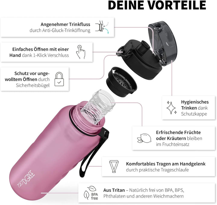 720°DGREE Trinkflasche “uberBottle“ 350ml, 500ml, 650ml, 1l softTouch +Früchtebehälter - Auslaufsich