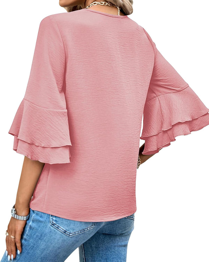 Tanmolo Damen Bluse Elegant V-Ausschnitt 3/4 Ärmel Lässige Blusen mit Rüschenärmel Tunika Tops Altro