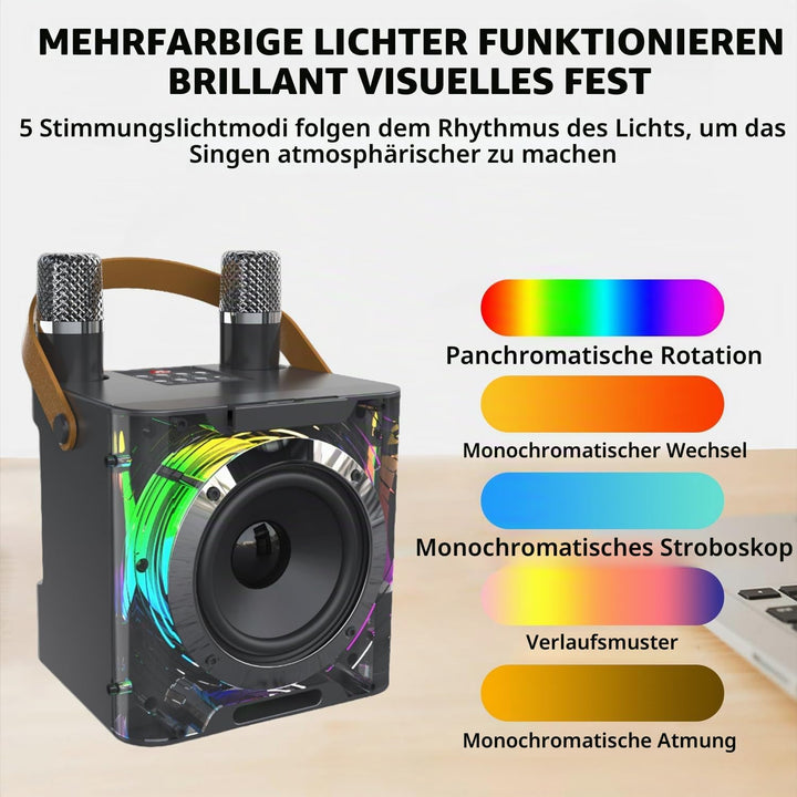 Karaoke Maschine mit 2 Mikrofonen, Tragbare Bluetooth Lautsprecher Box für Erwachsene und Kinder, Ka