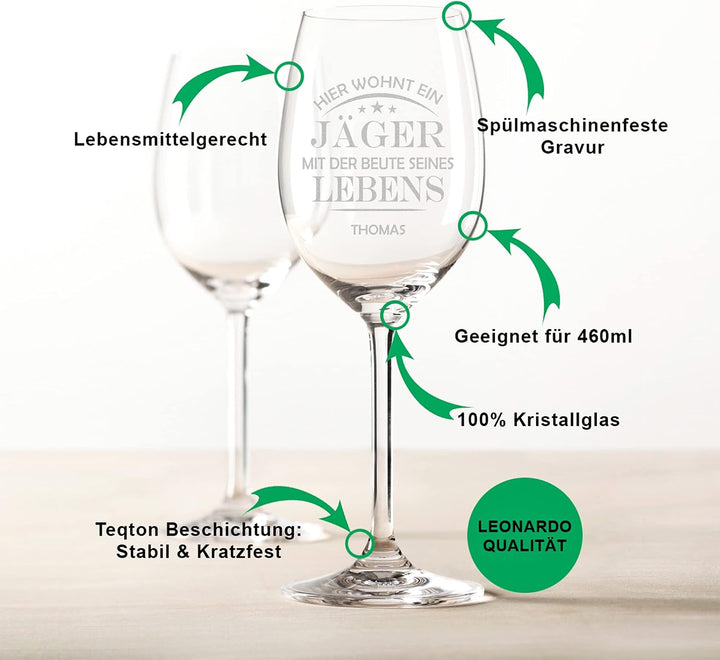 GRAVURZEILE Leonardo Weinglas - Hier wohnt ein Jäger mit der Beute seines Lebens Design - Personalis